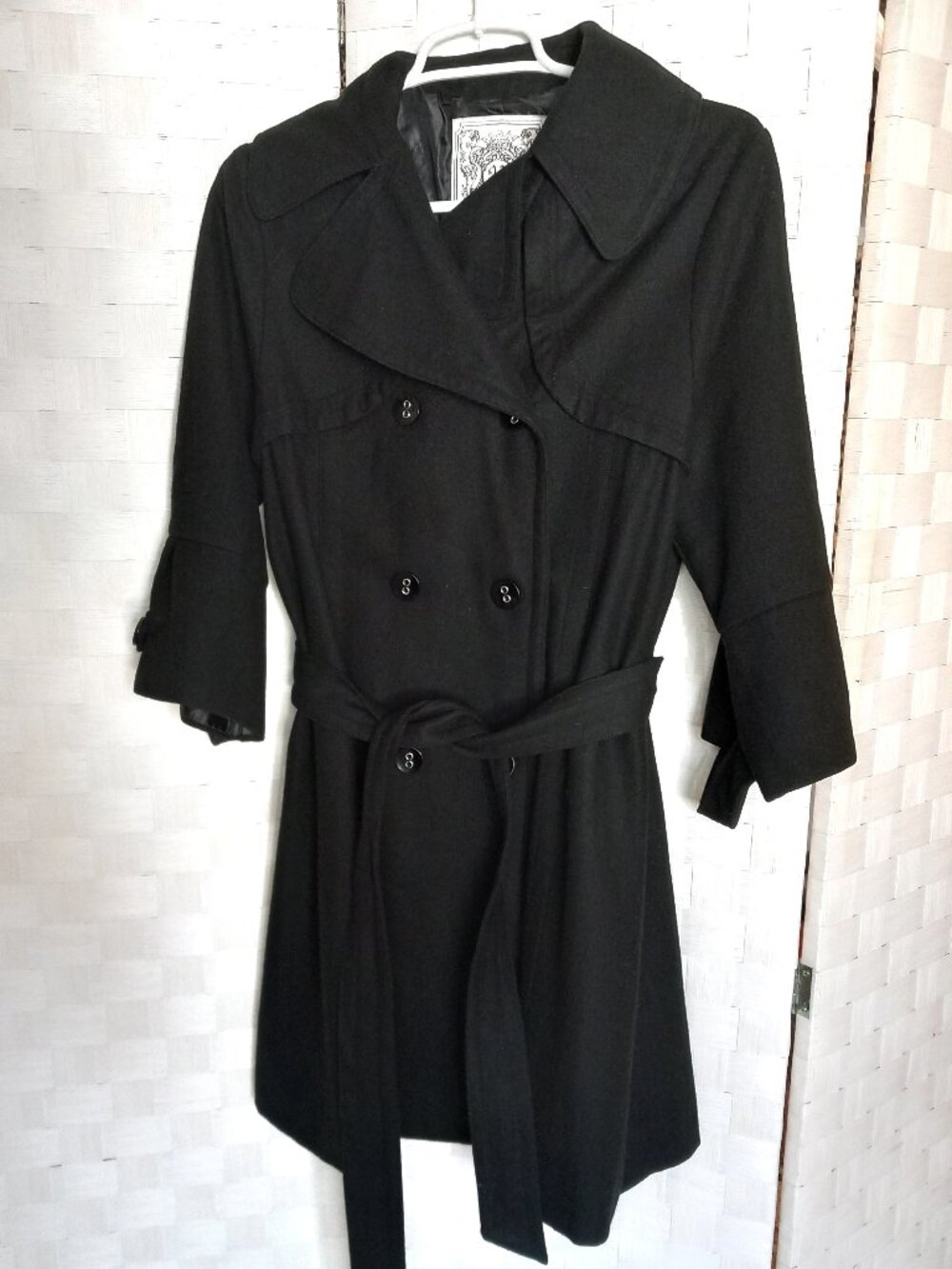 Women's Double-breasted A-Line Black Coat with Flaired Sleeves - Large